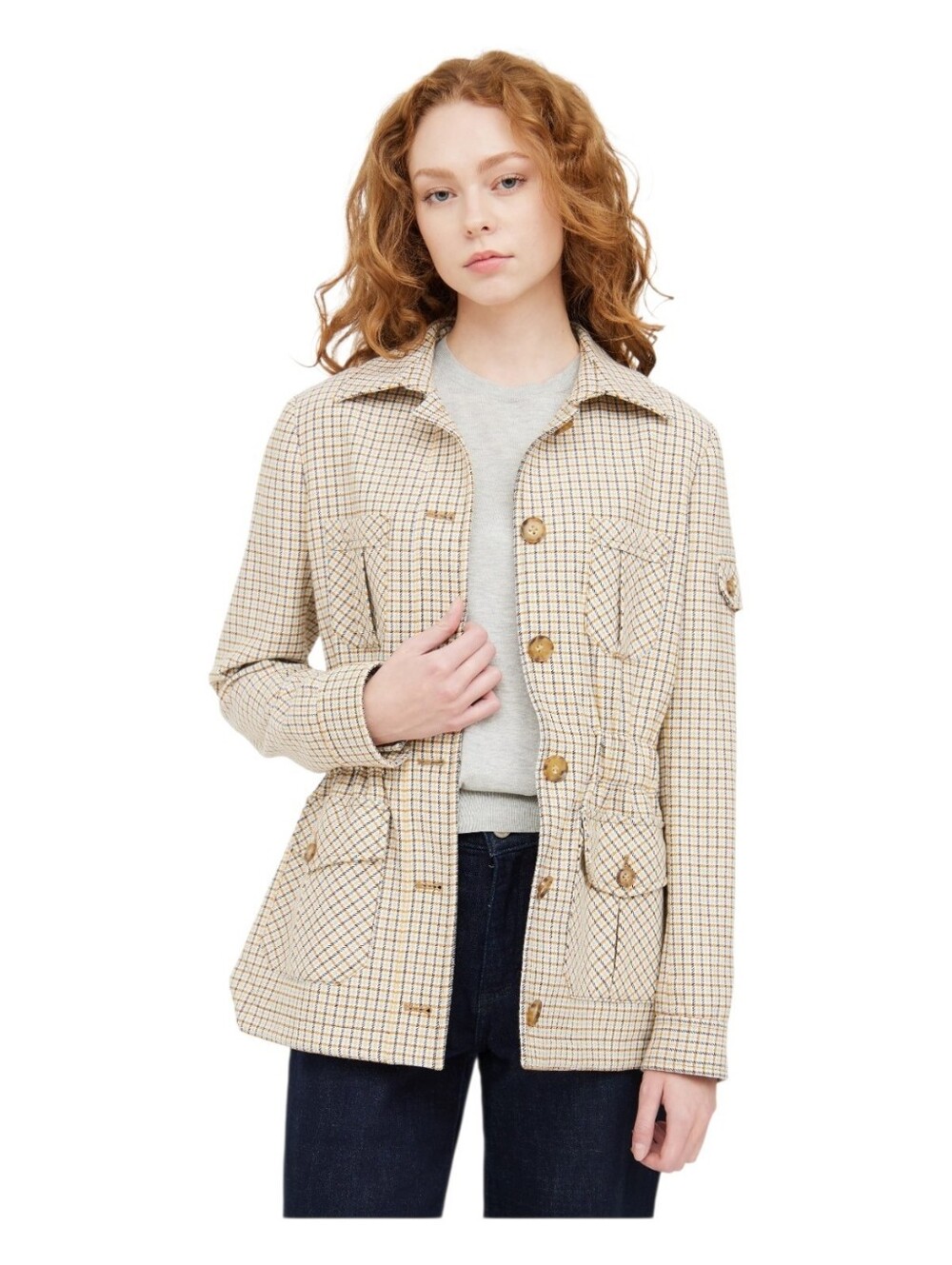 Veronica Beard Check Camp Jacket, Size 10 in Beige Brown Multicolor